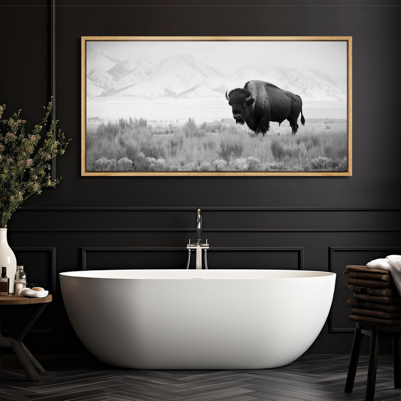 Cow " Monochrome Bison In The Plains Rustic Retro Art Decor Extra Large Artwork Pictures ", 30" H x 60" W, Natural