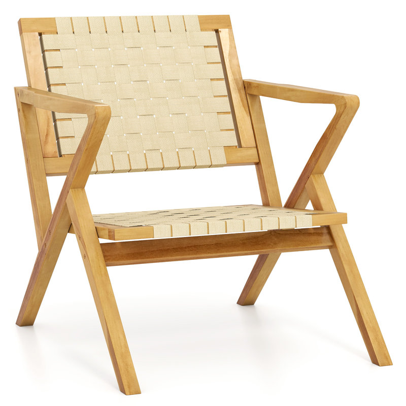 Teak Wood Patio Chair w/Webbing Seat & Backrest Mid-century Accent Chair