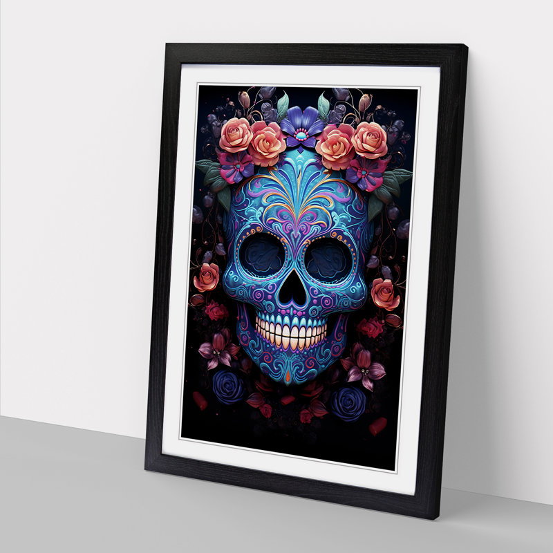 Sugar Skull Digital - Single Picture Frame Print on Wood, 34cm H x 25cm W x 2cm D, Black