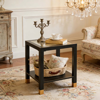 2-Tier White Square Side Table With Tempered Glass Top, Modern Glass End Table With Metal Frame For Living Room