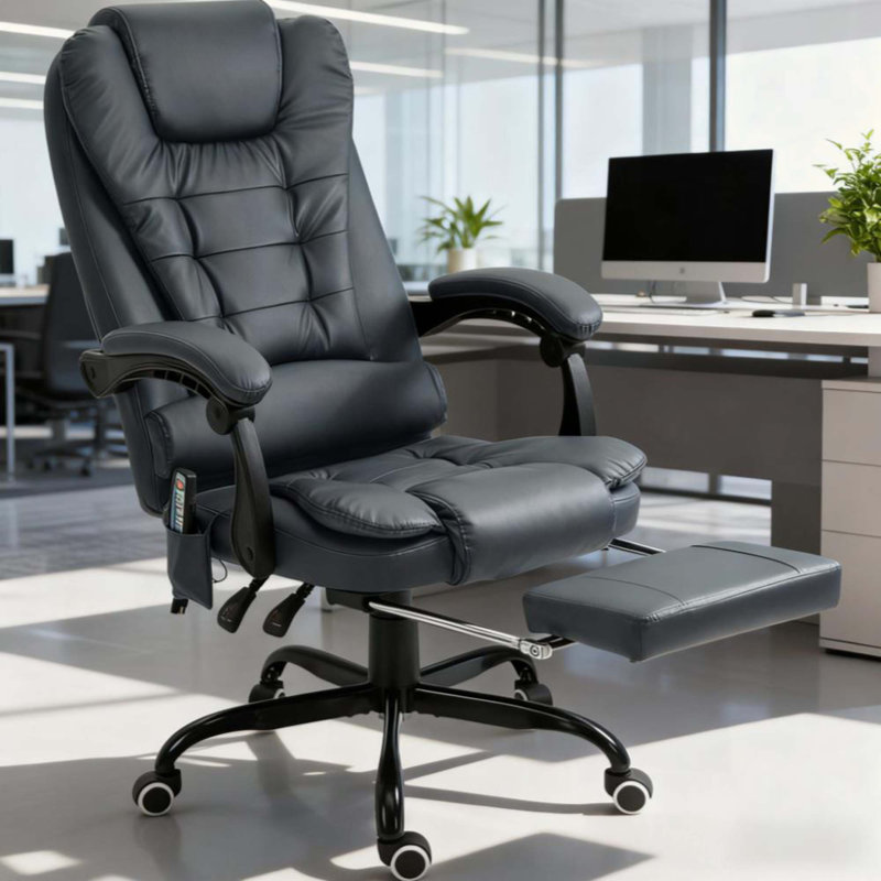 Fauteuil de massage vibrant à 7 points, fauteuil d'ordinateur à haut dossier avec support lombaire, repose-pieds, dossier inclinable, hauteur réglable