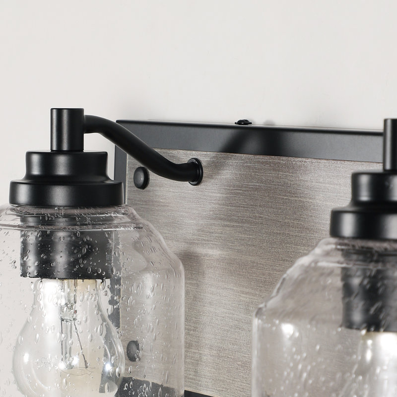 Luminaire de salle de bain à intensité variable à 2 lumières de style moderne 16 pouces avec verre ensemencé et contre-plaque grain de bois Modern Farmhouse