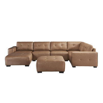 Modular Breathable Leather 7 Piece Sofa Sectional with Two Ottomans Sleeper Chaise 