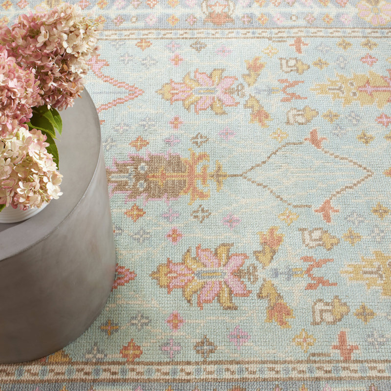 Mara Hand Knotted Wool Oriental Area Rug in Beige/Sky/Pink, Rectangle 9'6" x 13'6"