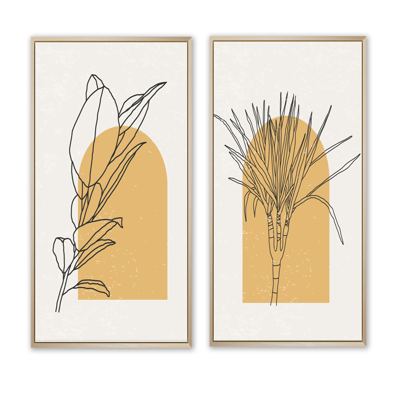 Branche botanique orange avec feuilles II - ensemble de 2 peintures, H 20 po x l 24 po x P 1 po, Cadre brun