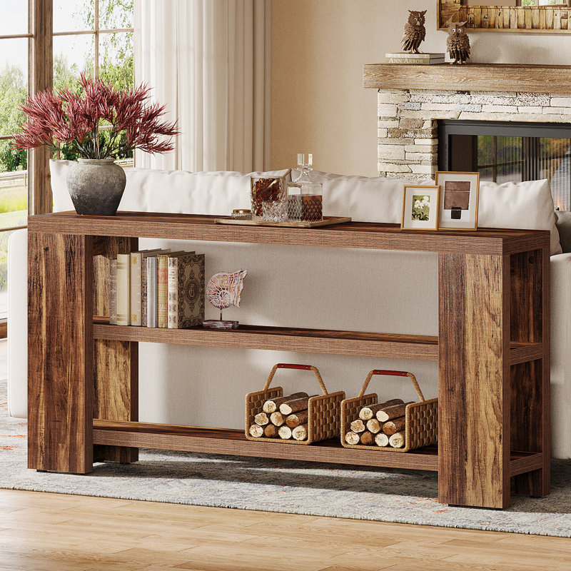 70-Inch Long Entry Console Table with Storage, Narrow Sofa Table Behind Couch, Brown