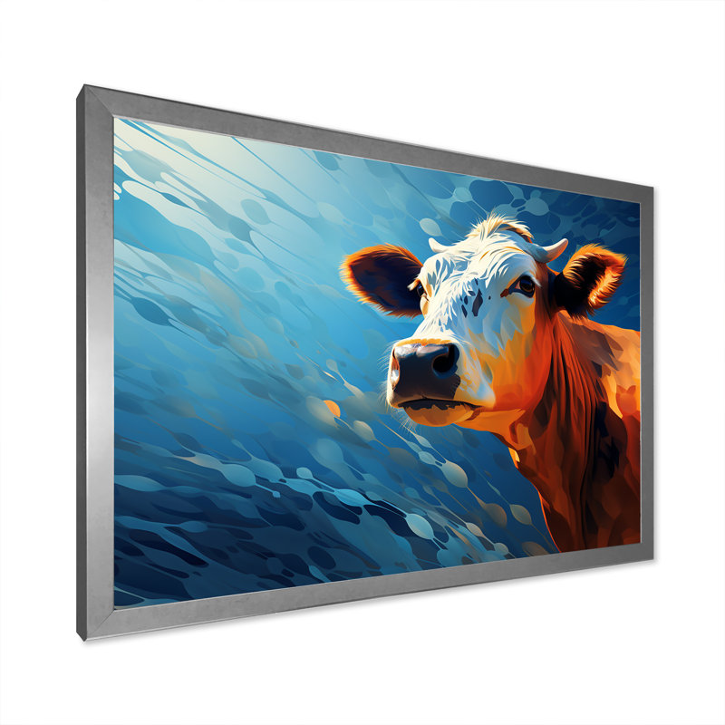 «Blue and Orange Cow Flow» - Art mural sur toile de vache, Cadre simple argenté, H 30 po x l 40 po x P 1,5 po
