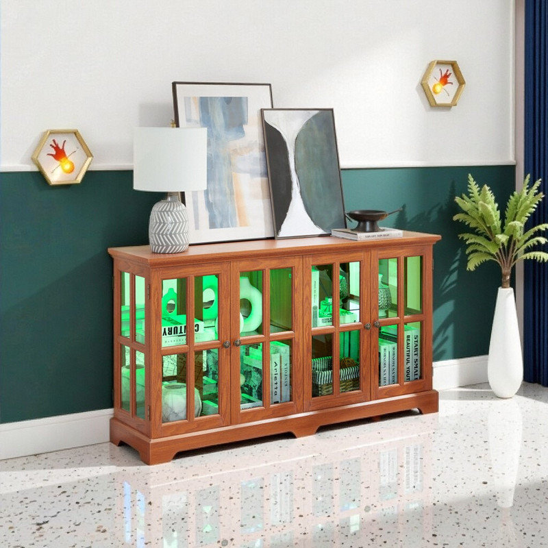 Glass Display Cabinet With Led Lighting Adjustable Glass Shelves Vintage 4-Door Collectible Showcase, Brown