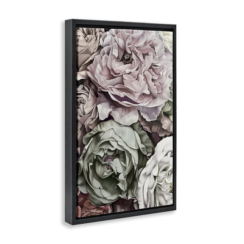 Detailed Stacked Roses Grey Framed Floater Canvas Wall Art, design by Annabelle Hall, 25" H x 17" W, Jet Black Floater Frame