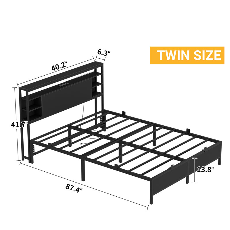 Bed Frame With Charging Station And RGB LED Lights, Headboard With Storage No Box Spring Needed, Twin, Black