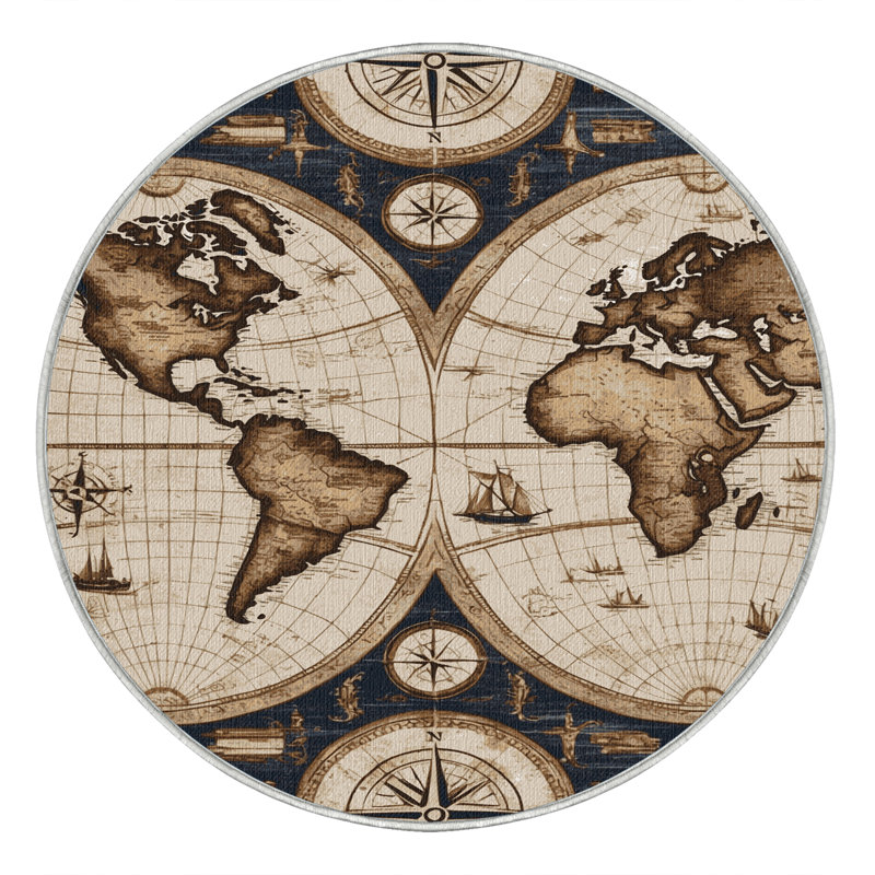  Washable Cartographic details Nautical Area Rug, Rectangle 4' x 6'