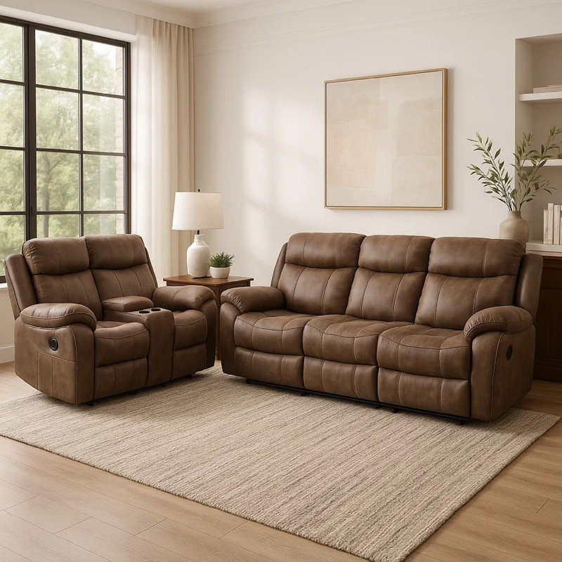 Ensemble de fauteuil inclinable manuel Arisa, similicuir brun, table d'appoint
