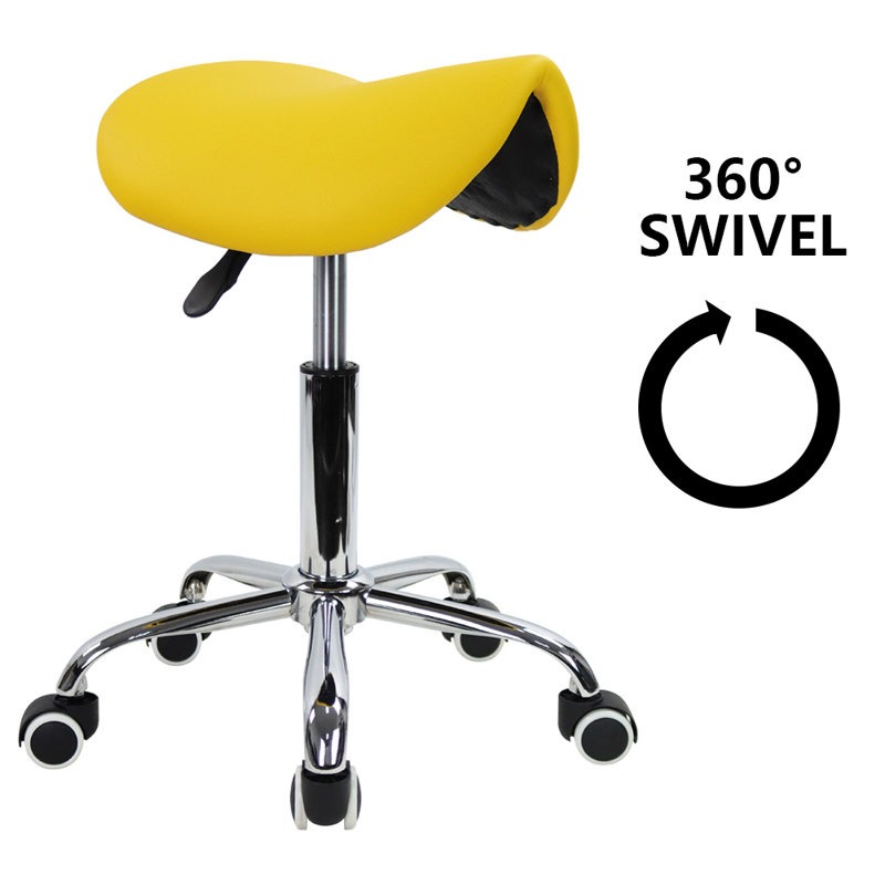 Yellow PU Leather Adjustable Swivel Saddle Stool with Wheels