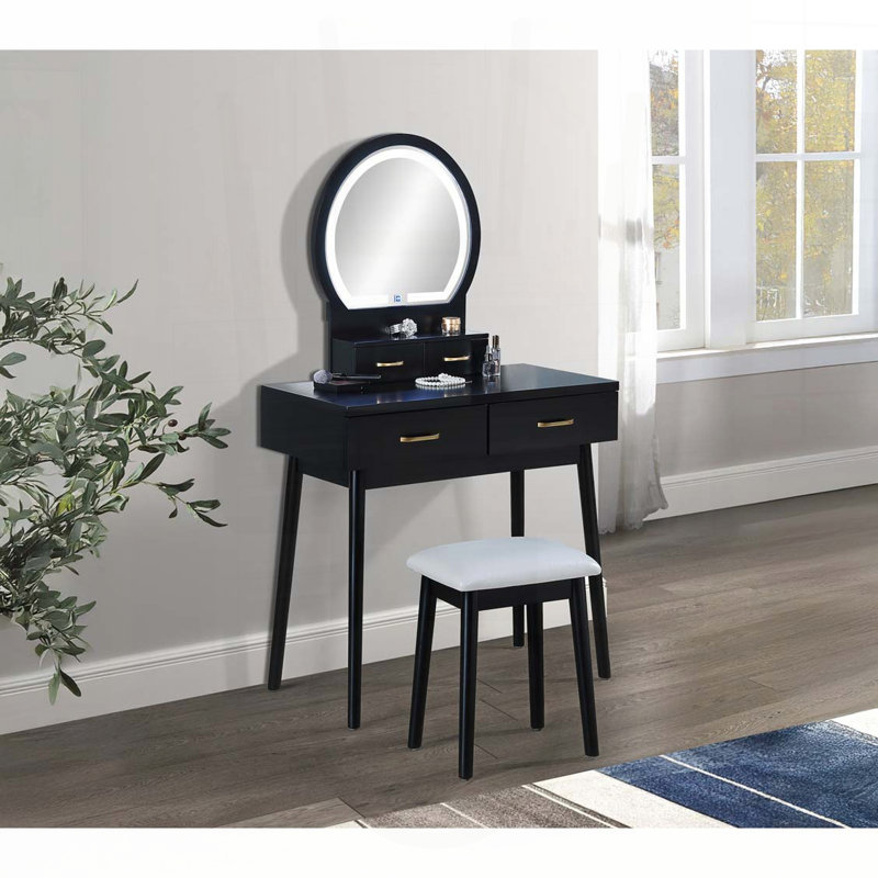 Ensemble de meuble-lavabo 3 pièces avec miroir à DEL intégré et poignées dorées