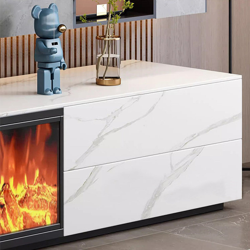 Modern simulation electronic fireplace TV stand, White, 13.78" H x 86.61" L x 15.75" W