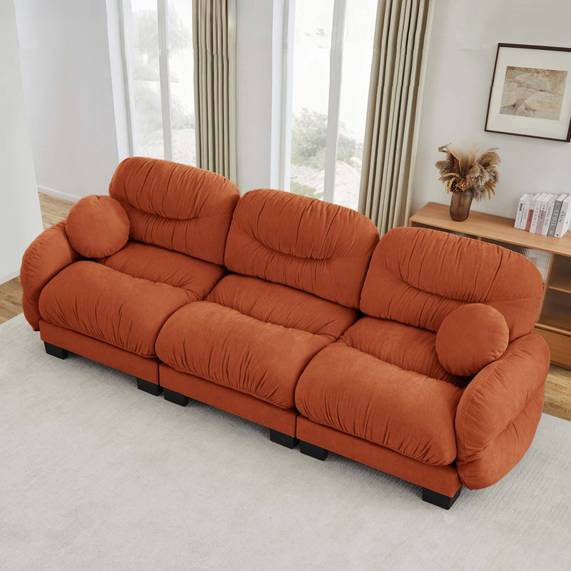 Canapé modulaire plissé en chenille avec mousse ergonomique et accoudoirs courbés, Orange, H 36,2 po x l 116,1 po x P 34,2 po