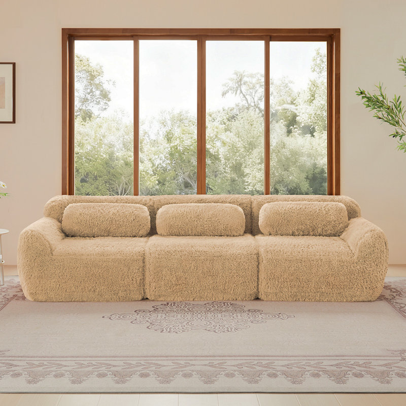 Tissu moelleux doux et moelleux de 114 po, canapé modulaire modulaire, conception ergonomique avec repose-pieds et coussins décoratifs, connexion par boucle pour emballage sous vide à compression complète, pour cinéma maison, kaki clair