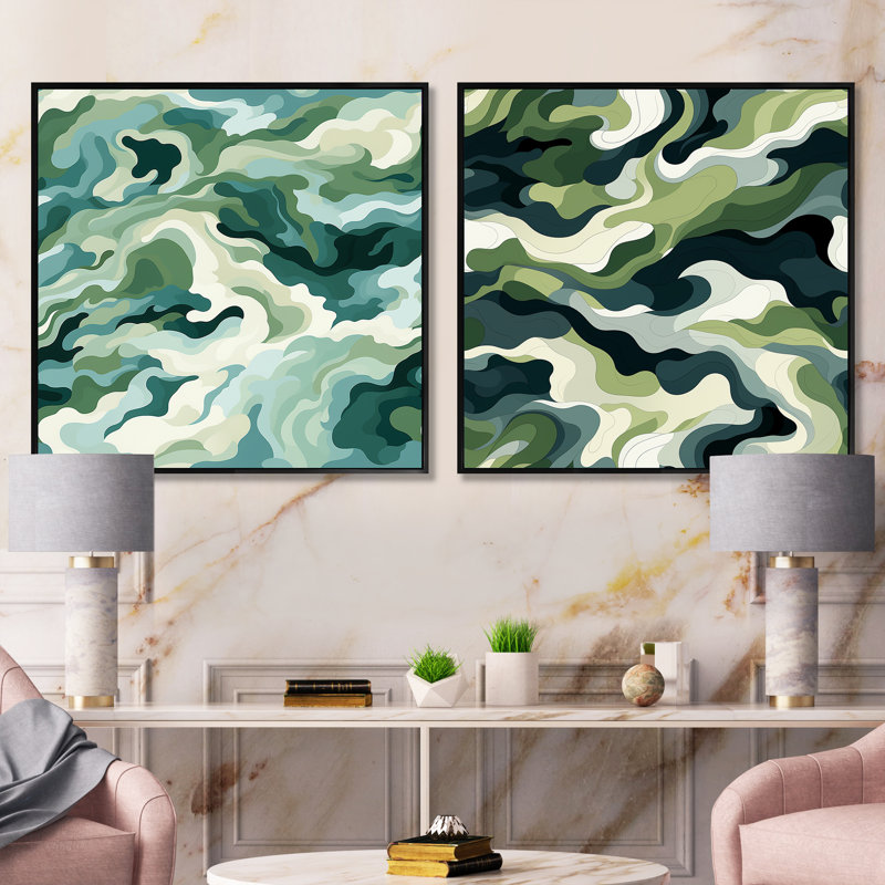 Zen Retreat Serene Camouflage - Ensemble de 2 collages carrés abstraits, Cadre flottant noir, H 16 po x l 33 po