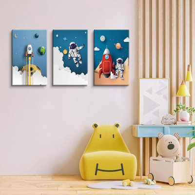 3 pièces astronaute toile art mural pépinière aventure murale décoration fantaisiste affiches à thème fusée vaisseaux spatiaux photos pour chambre d'enfant garçons et filles chambre (toile 16 x 24 po)
