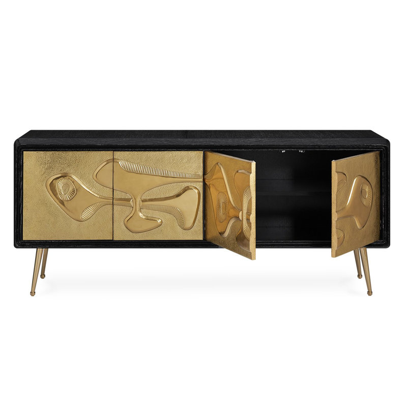 Brutalist Inspired Black and Brass Hand-Hammered Credenza