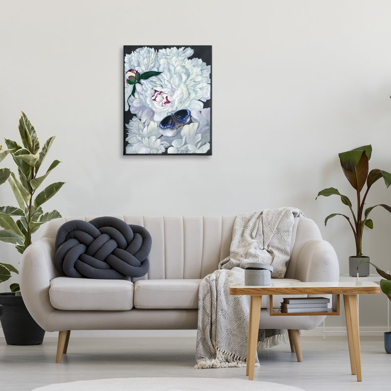 Art mural rétro sur toile pivoine et papillon par Ann Jasperson, H 30 po x l 24 po