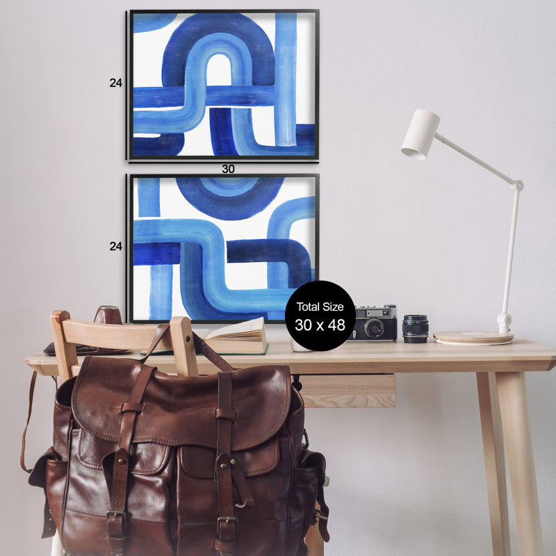 Ensemble de 2 estampes géométriques bleues tissées par Grace Popp, Giclée encadrée noir minuit, H 16 po x l 20 po