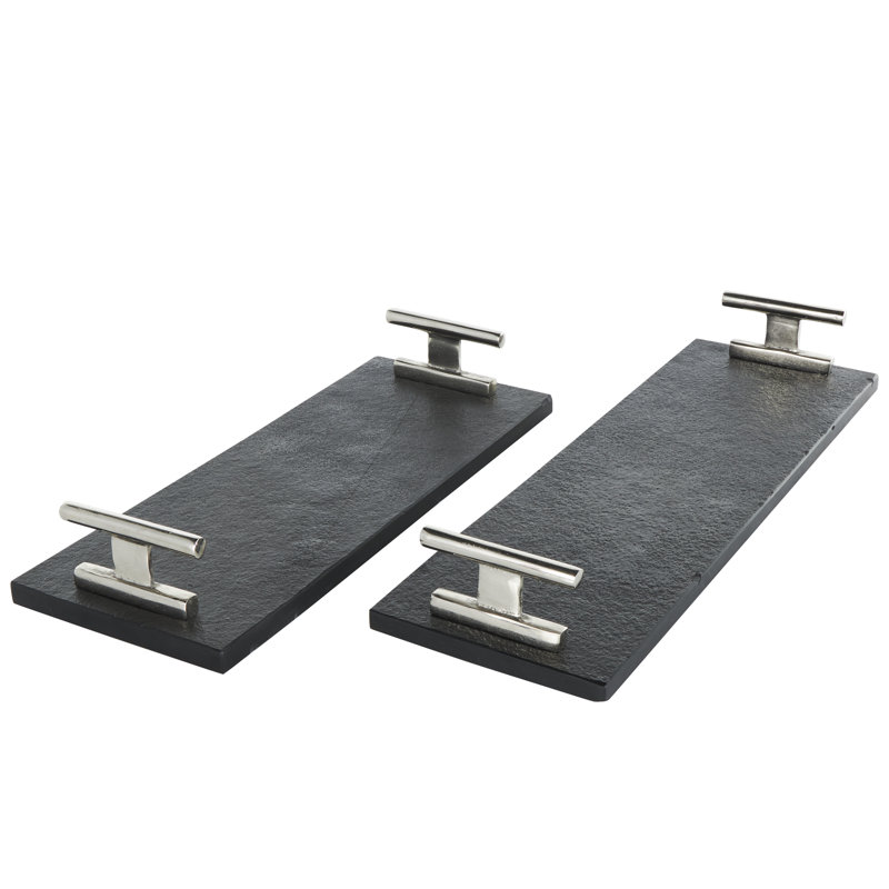 Plateau en bois massif Aedic - ensemble de 2, H 3,25 po x l 6,9 po x P 22,25 po et l 3,3 po x P, Argent / noir