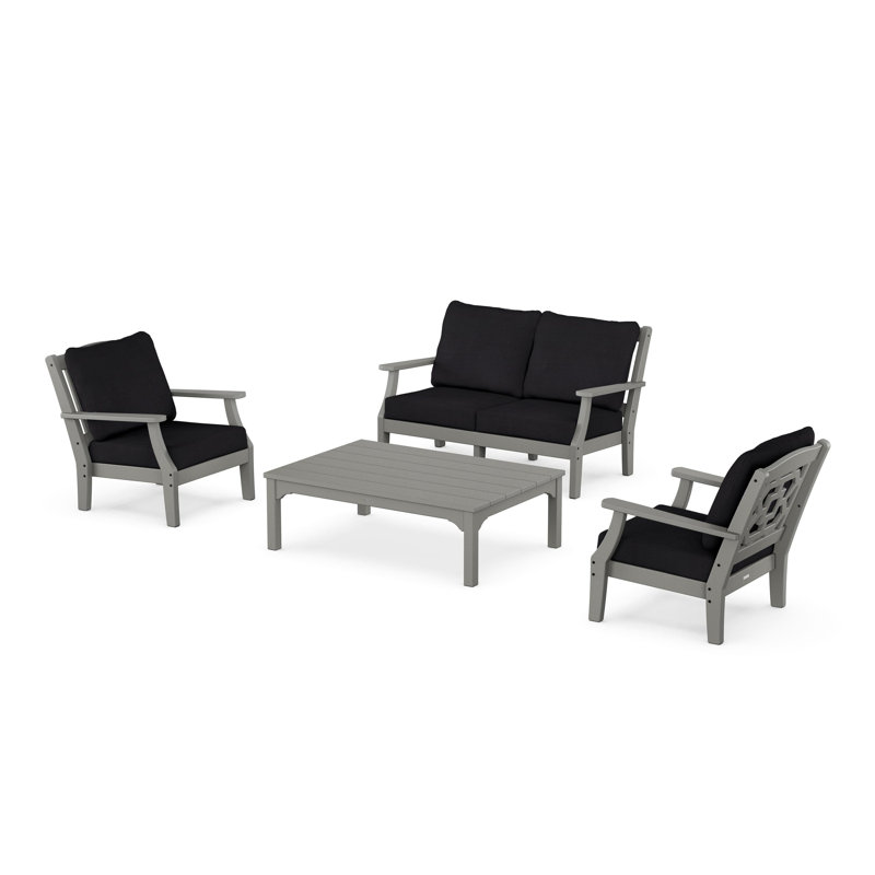 Chinoiserie 4 - Person Outdoor Seating Group with Cushions, Gray, Black