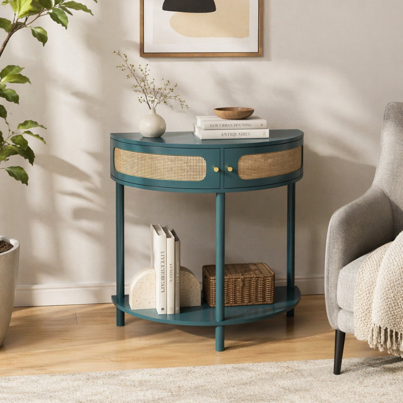 Table de bout unique en demi-lune avec porte coulissante en rotin, console élégante en demi-cercle avec 2 armoires de rangement en rotin et tablette inférieure pour le salon, la chambre à coucher, le bureau, le couloir (vert)