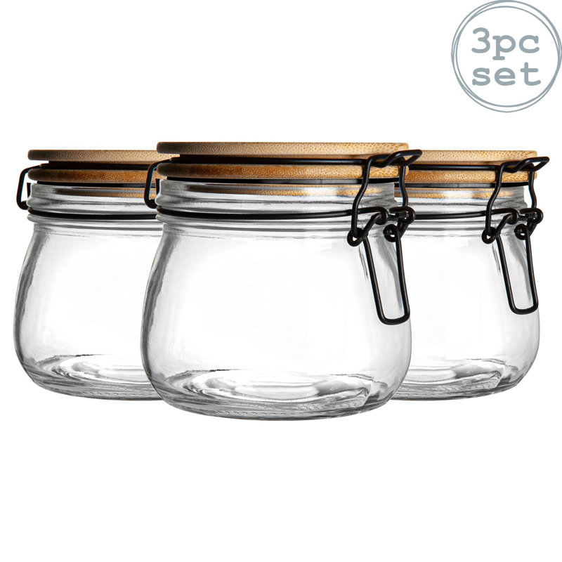 Argon Tableware - Wooden Clip Lid Storage Jars - Black Seal - Set of 3, 10.5cm H x 11cm W x 12.5cm D