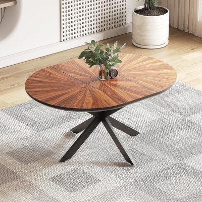 47.2"-63" Extendable Round Dining Table For 4-6, Solid Wood Tabletop & Metal Frame, Walnut Dining Room Furniture