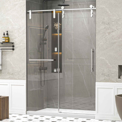Portes de douche coulissantes simples sans cadre l 50 à 54 po x H 76 po sans fermeture en douceur, porte de douche coulissante pour salle de bain avec porte-serviettes et poignée auxiliaire, porte en verre trempé épais de 5/16 po (8 mm) de style GSC, chrome