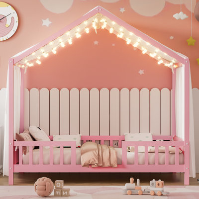 Montessori Floor Bed with Canopy, Bed Frame for Kids, House Shape Toddler Bed Frame with High Railings, Wood Kids Bed with Roof, Kid Bed, by Ophelia & Co.