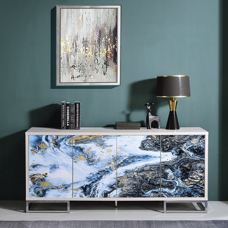 Buffet de 65,40 po de large, peinture marbre bleu et chrome