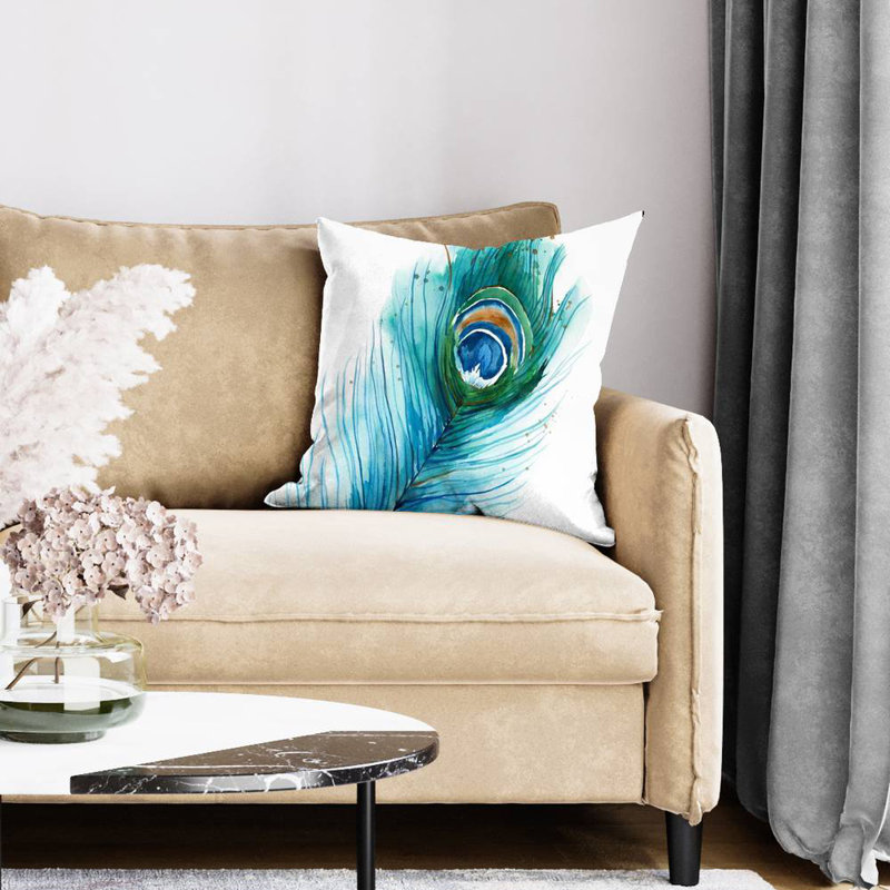 Long peacock feather - 20"x20" Throw pillow cover - Poly twill - Print on demand, 20" x 20"