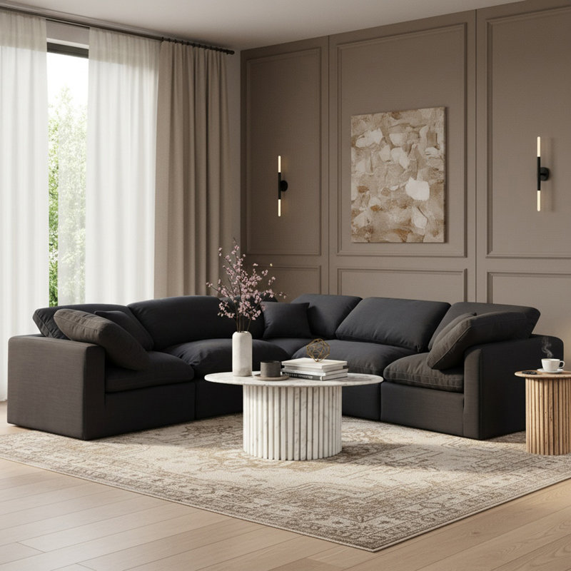Canapé modulaire en coin 5 pièces Hinami, Tissu texturé en lin noir