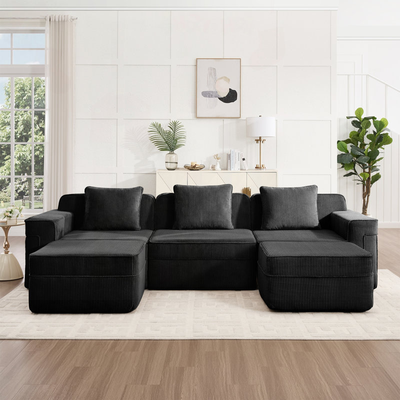 Canapé modulaire en U à 3 places avec tissu en velours côtelé et deux repose-pieds mobiles, 33.8" H x 117.3" W x 71.6" D