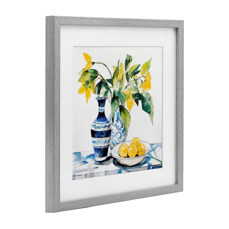 Cadre de table «Lemons & Leaves», reproduction encadrée sous verre, design par Ray Powers, Cadre de ferme gris