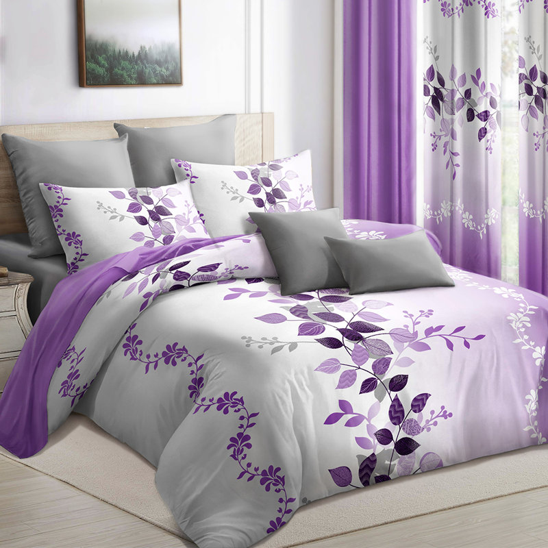 Queen Size 9-Piece Lavender Leaf Bedding & Curtain Set (Queen/King/Cal King) - Quilted Microfiber Bedspread + Sheer Drapes