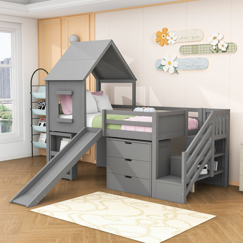 Twin Wooden House-Style Loft Bed with Built-in Slide, Stairs, and Storage, Gray
