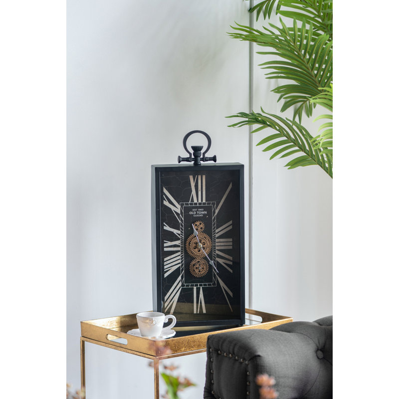 Decorative Black and Gold Roman Numeral Table Clock, Home Decor Gear Clock, 21" x 10"