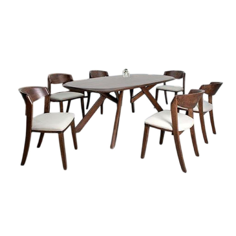 Ensemble de table de salle à manger 7 pièces Ziva, 6 chaises ivoire, bois massif brun à bordure 3D