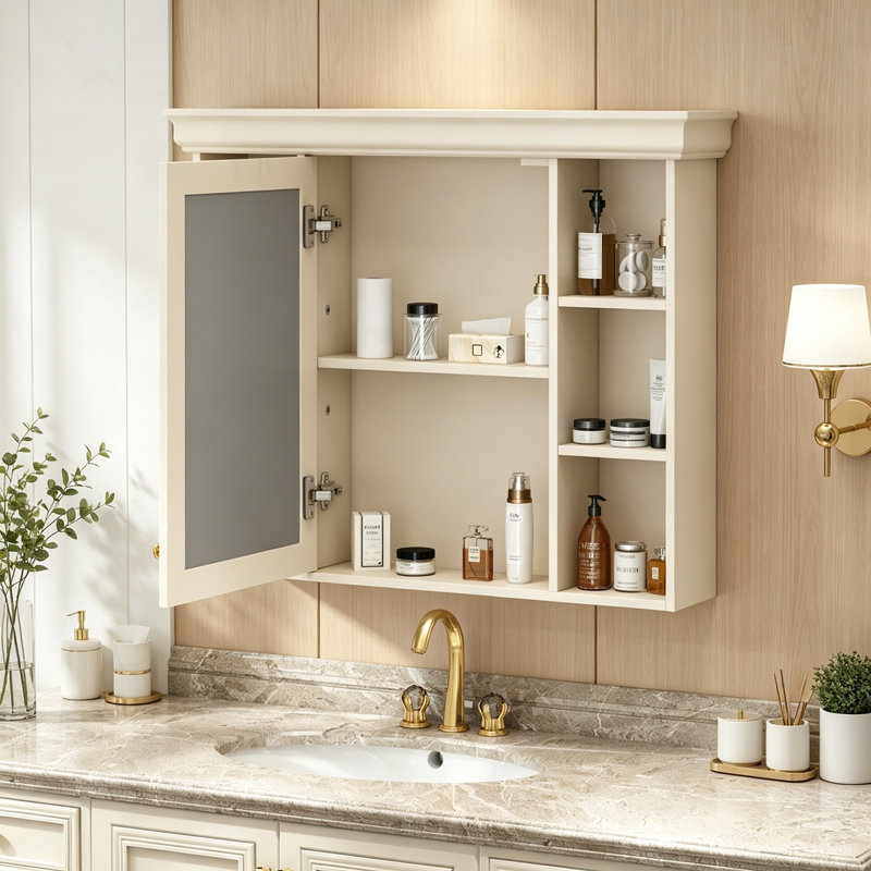 Armoire de rangement murale avec porte miroir et tablettes ouvertes, Beige + crème