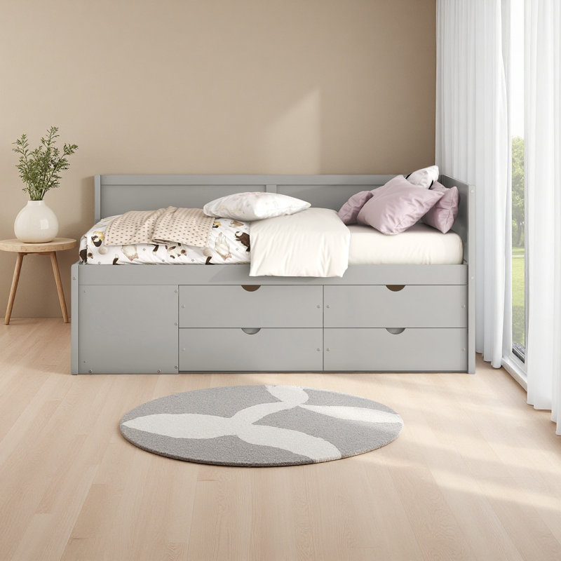 Lit de jour avec tiroirs et tablettes, Gris, Lit simple