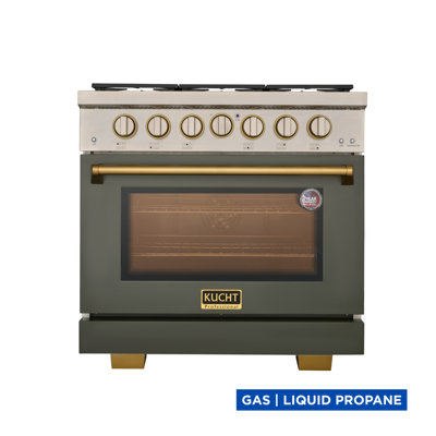 Kucht KFX-X Series 36-in 6 burners 5.2-cu ft Convection Oven Freestanding Liquid Propane Gas Range ( Olive green with SS and gold )
