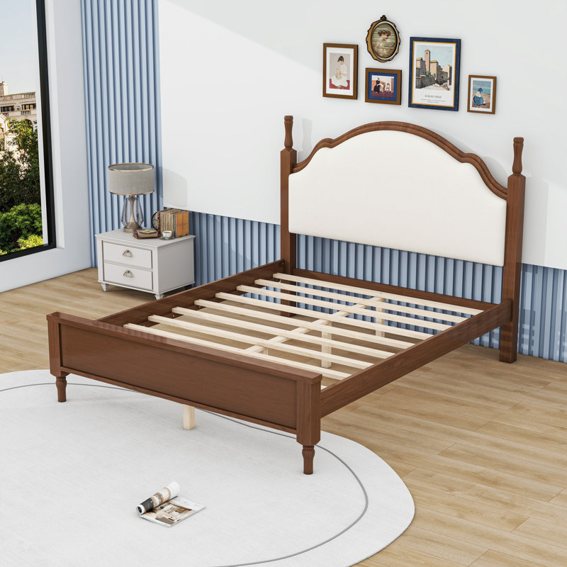 Lit plateforme en bois avec tête de lit tapissier courbée et pieds centraux, Grand lit, Beige Brown