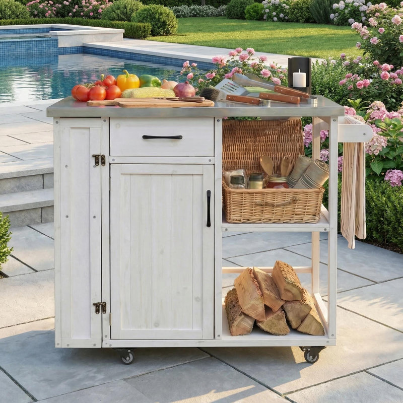 Îlot de cuisine extérieur avec plateau en acier inoxydable et roues verrouillables, Blanc