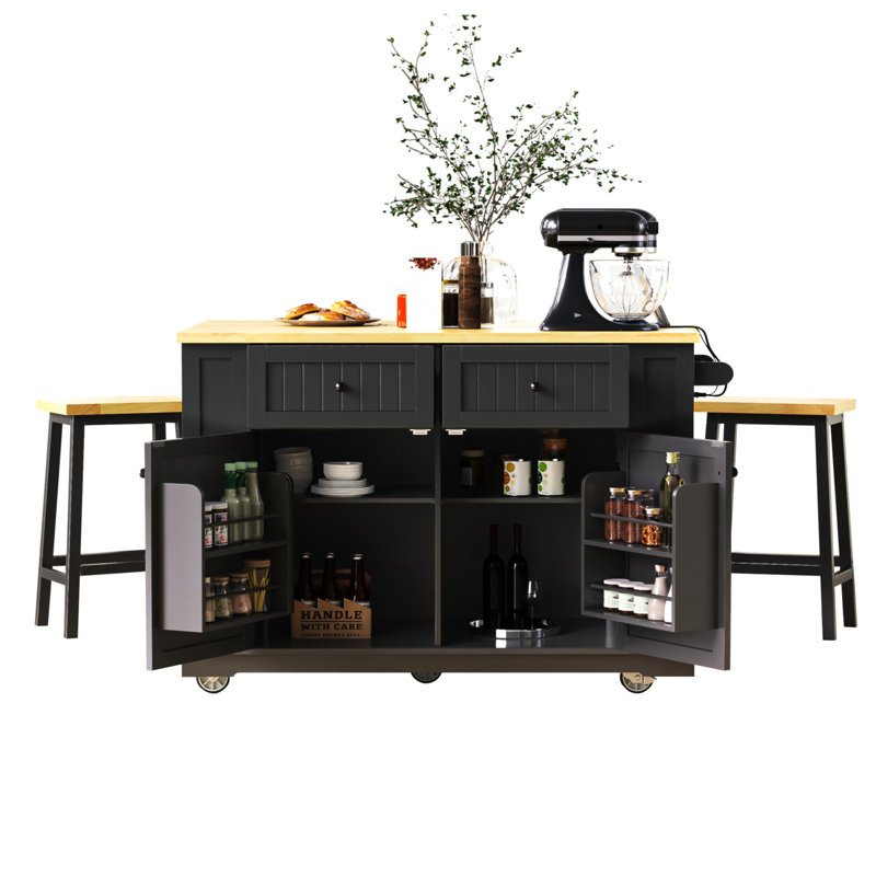 48 Inch Large Kitchen Island With Drop Leaf,Power Outlet,Internal Storage Rack,Rolling Kitchen Storage Cart On 5 Wheels With 5 Open Side Racks,For Kitchen,Dining Room(Not Include Stools)