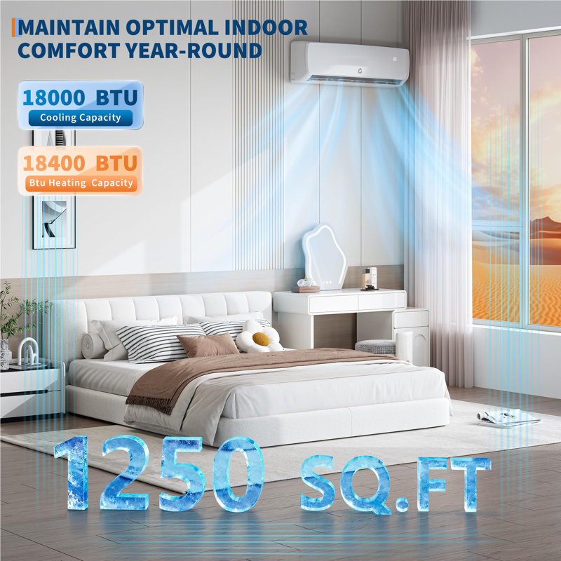 Mini système de chauffage / climatisation à deux blocs de 18 000 BTU, climatiseur sans conduit 19 SEER2 230 V avec pompe à chaleur, condensateur préchargé, couverture de 1 250 pieds carrés, télécommande et trousse d'installation