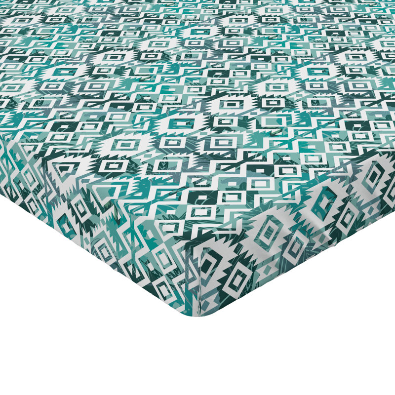 Drap-housse à motif floral Ambesonne, Drap-housse très grand californien, Écume de mer foncé, bleu sarcelle, blanc / géom